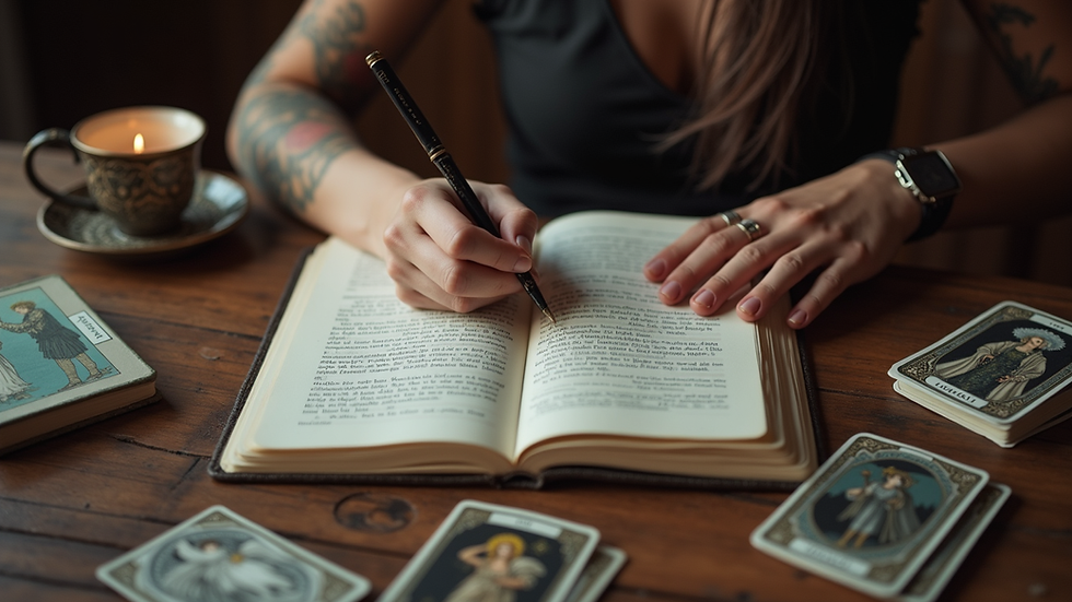 High angle view of a person writing in a journal with tarot cards nearby