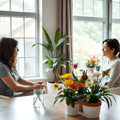 two people having therapy session, with window behind, flowers and plants on the table (gr