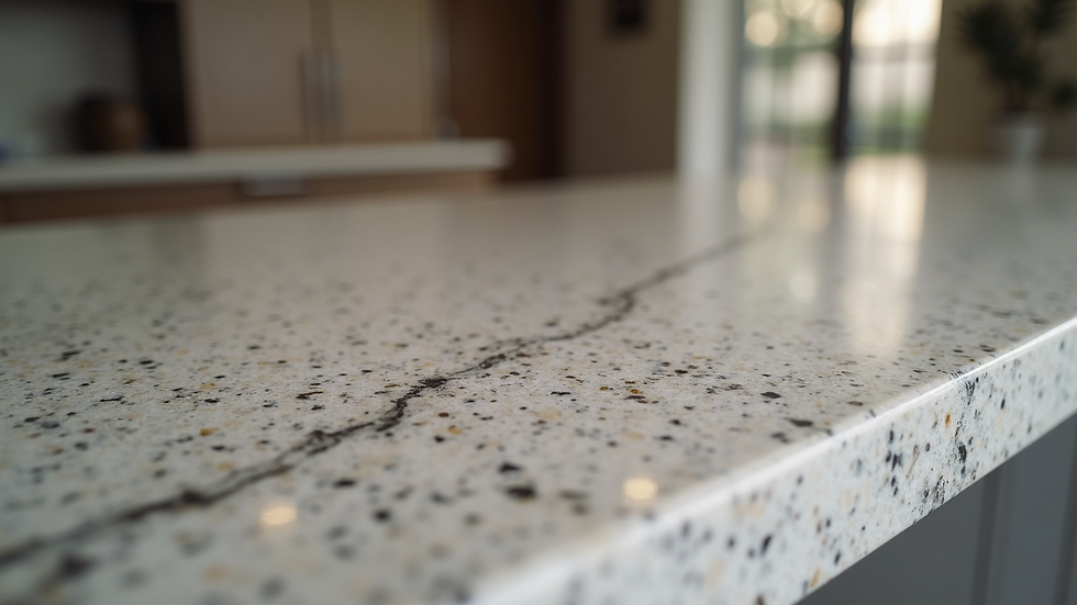 Close-up view of polished granite countertop with natural patterns