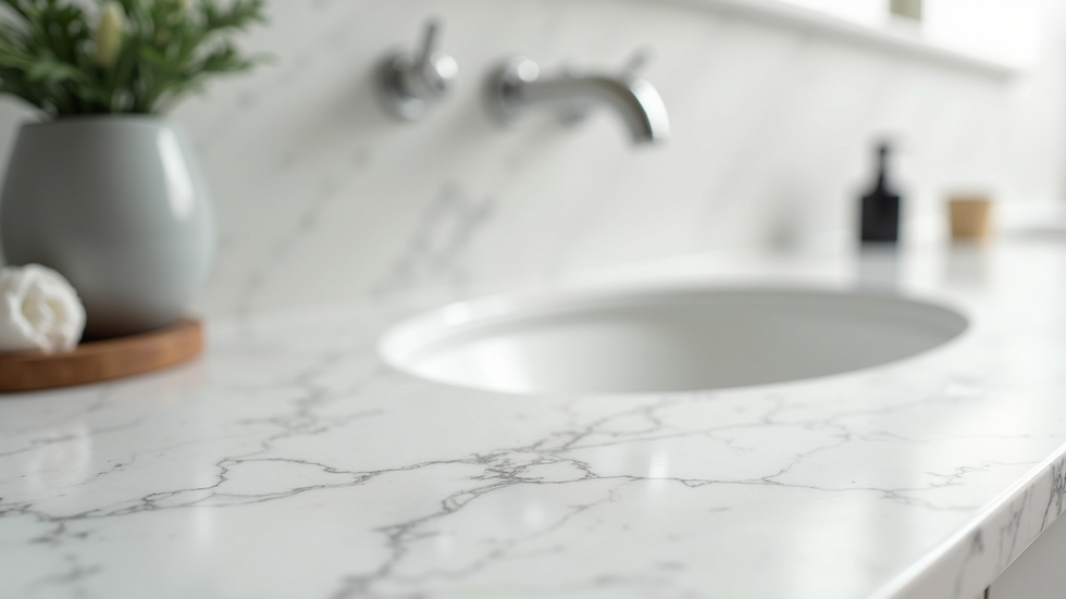 Eye-level view of white marble bathroom countertop with subtle grey veins