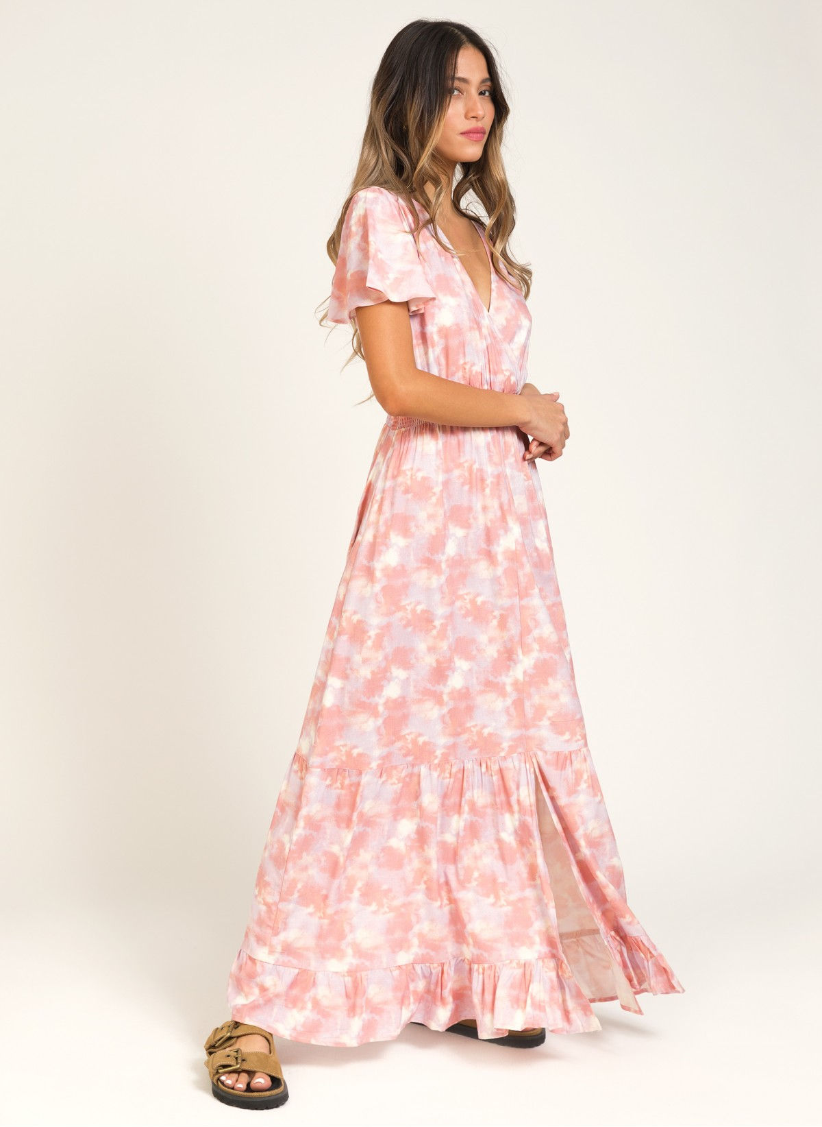 Printed V-neck Long Dress Pink