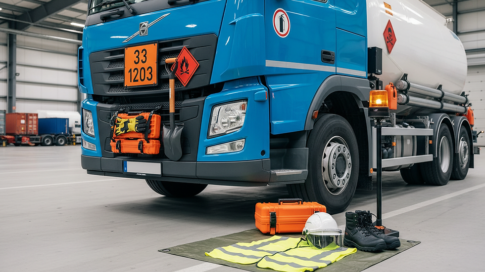 eye-level view of a truck equipped with ADR safety signs and emergenВантажний автомобіль цистерна з обов'язковим обладнанням ADR для Україниcy equipment