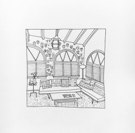 line drawing og living room in West Hollywood, CA