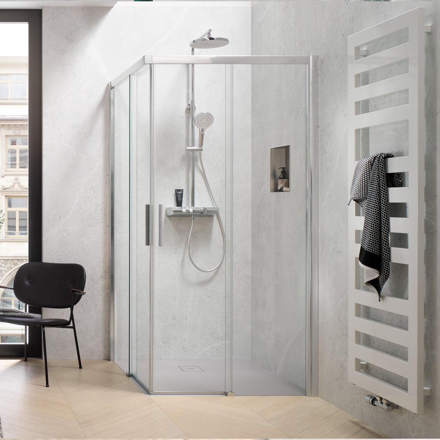 HSK Favorit Porte coulissante, pour accès d'angle transparent et clair