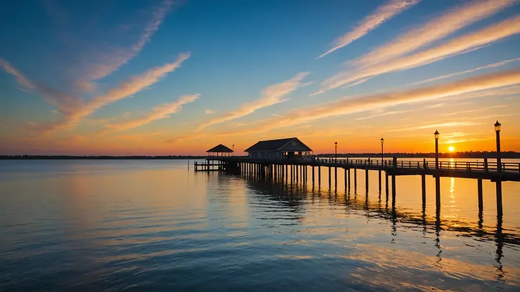 A tranquil scene of a fishing pier at sunset over the Intracoastal Waterway