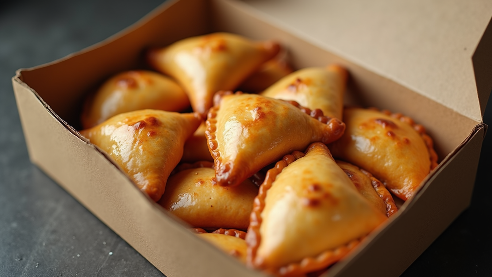 High angle view of a delivery box filled with assorted empanadas