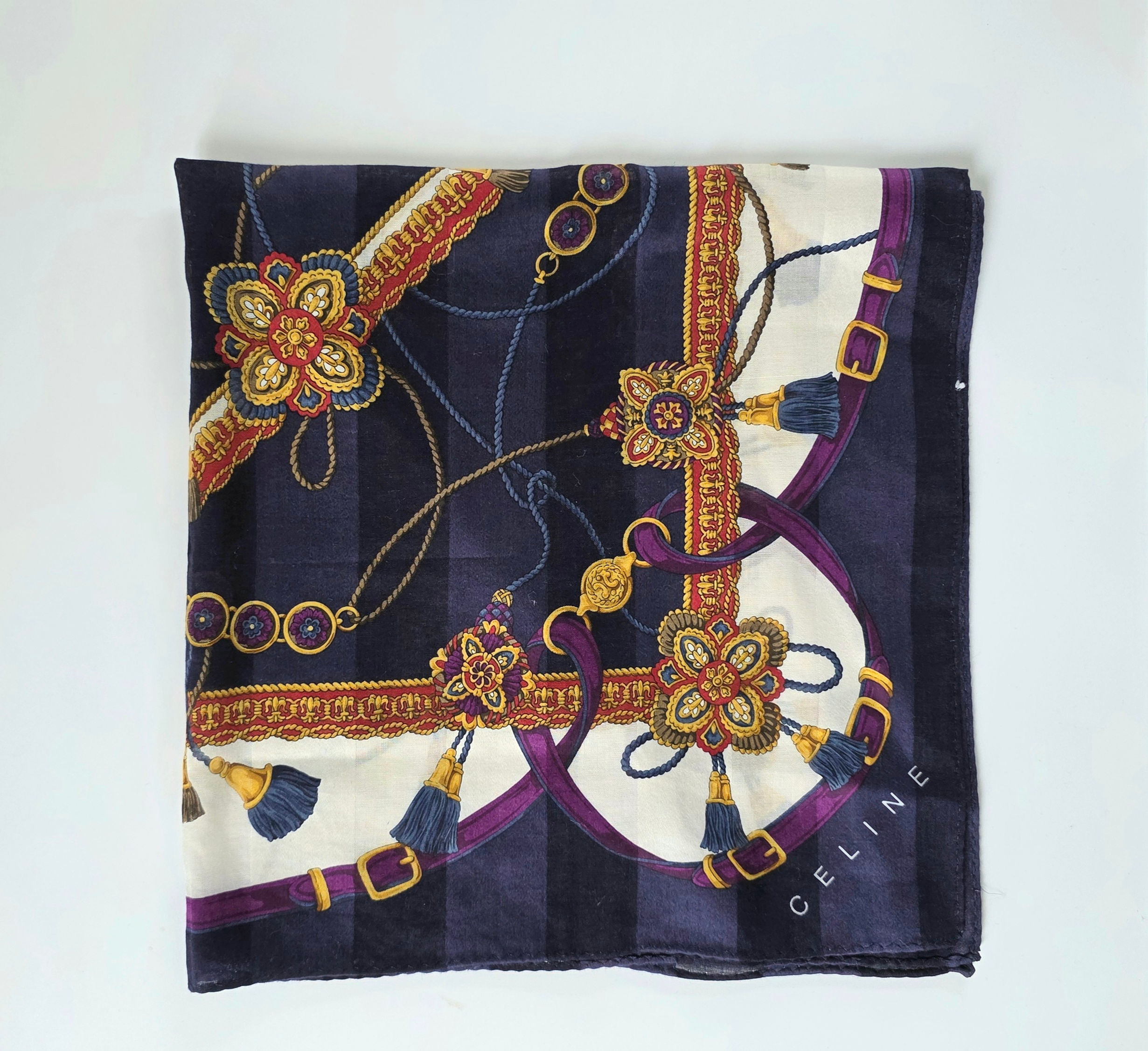 Vintage Celine Chain & Tassel Scarf – Navy & Purple