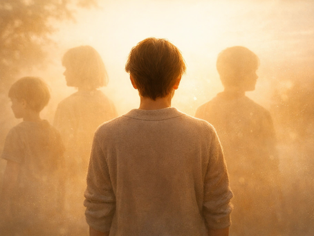 A calm adult figure standing in soft golden morning light, with faded silhouettes of younger selves behind them — symbolising how past emotional wounds echo through present‑day behaviour.