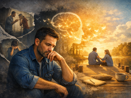 Illustration of a reflective man sitting in thought as fragmented childhood memories appear behind him, showing conflict and emotional overwhelm. On the right, he walks toward a calm lake and open conversation, symbolising healing, emotional rewiring, and safe communication after family dysfunction.