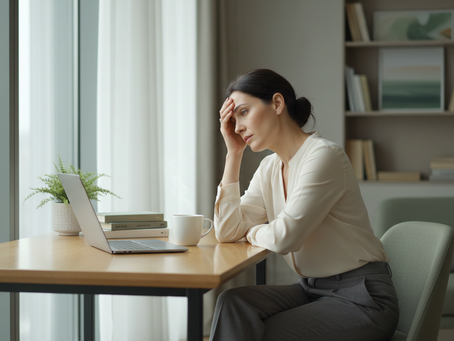 An adult sitting at a wooden desk in a bright home office, leaning forward with a hand on their forehead while looking at a laptop. A coffee mug, books, and a small plant sit nearby. The scene reflects emotional exhaustion, burnout, and the pressure to appear composed while struggling internally.