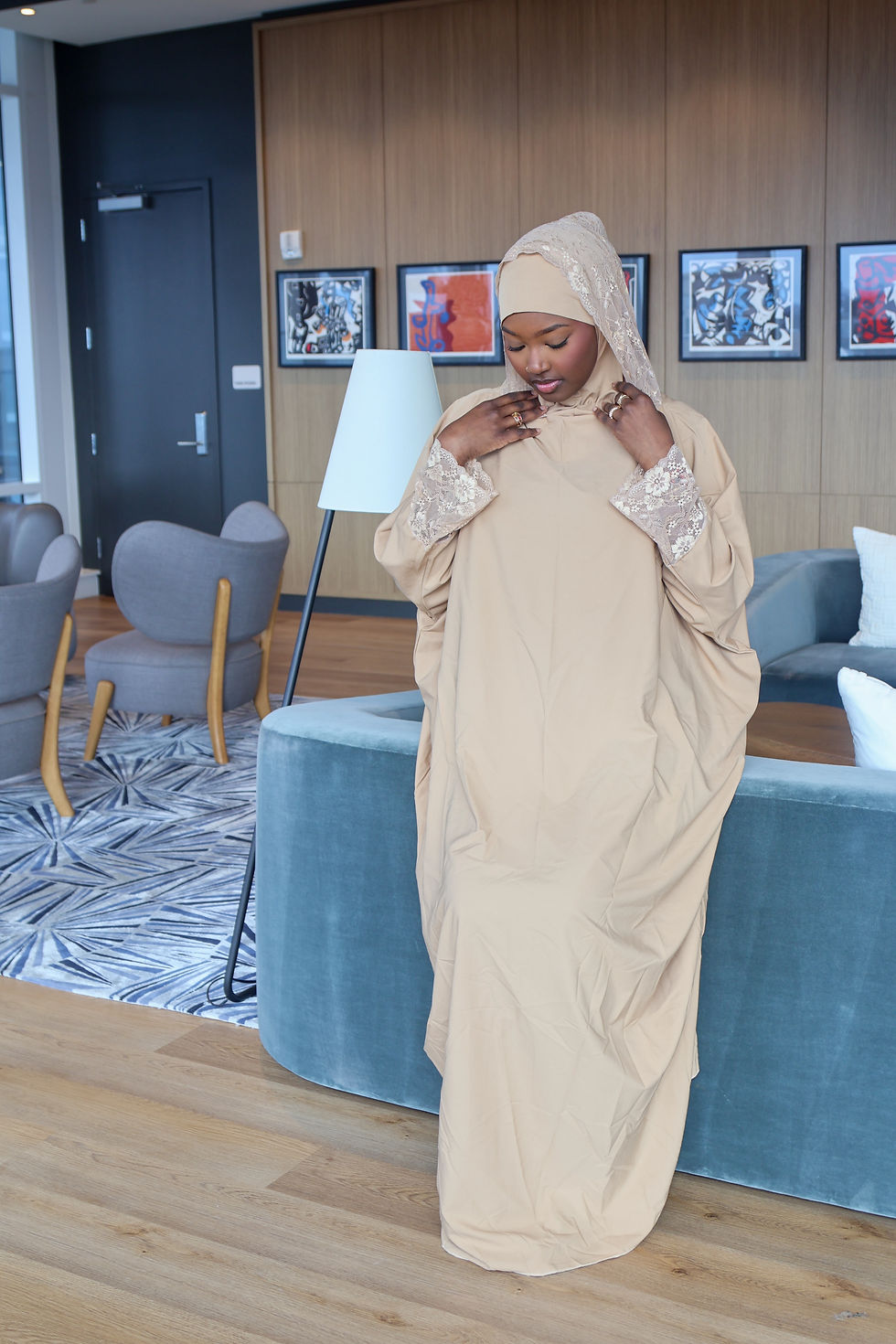 Thumbnail: The Layali Lace Abaya - nude 