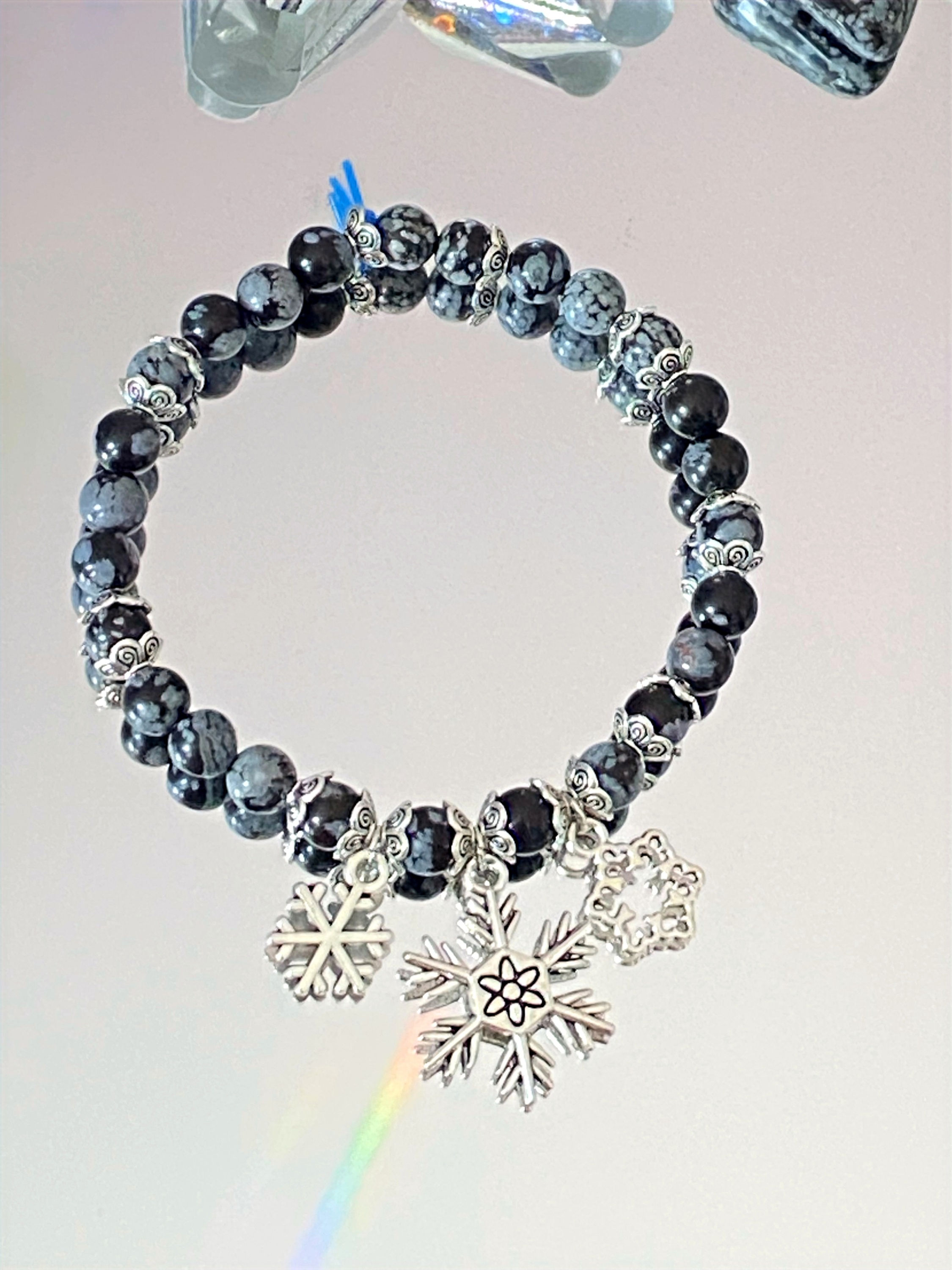 Snowflake Obsidian|6mm|Triple Snowflake Charm Bracelet