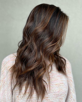 brunette highlights, long layers, face frame, extensions, blended cut, chestnut highlights