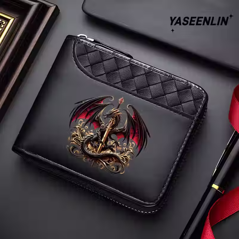 GW14 - Men's Dragon Design  Faux Soft Leather Wallet with Coin Purse 