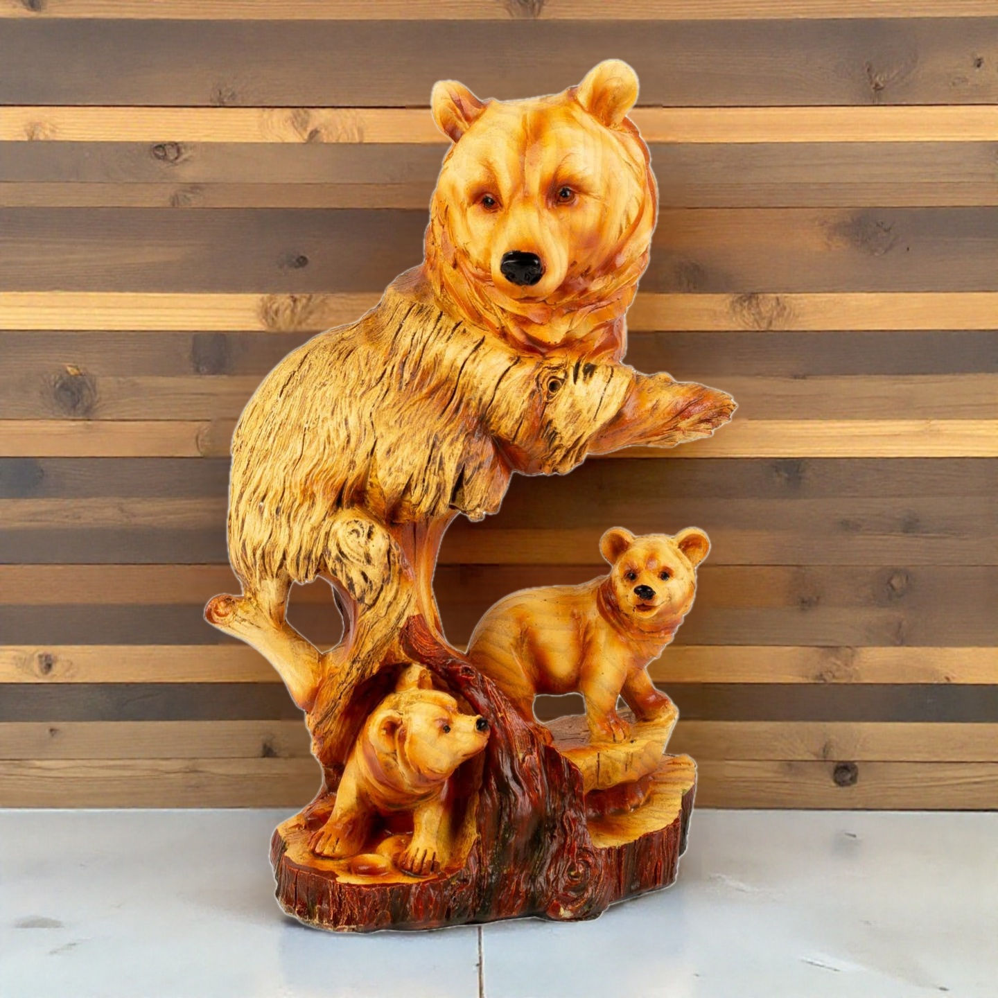Carved Wood-effect Bear with Cubs.