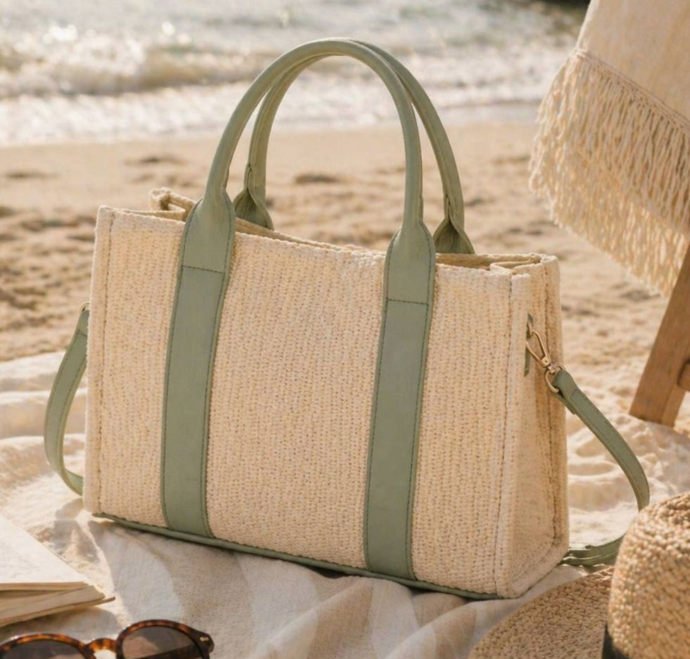 Thumbnail: JM1571 - Light Green Straw Effect Tote Beach Bag with detachable strap 

