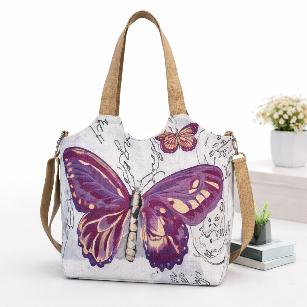 TF06 - Purple Butterfly Large Canvas Shopping Bag

