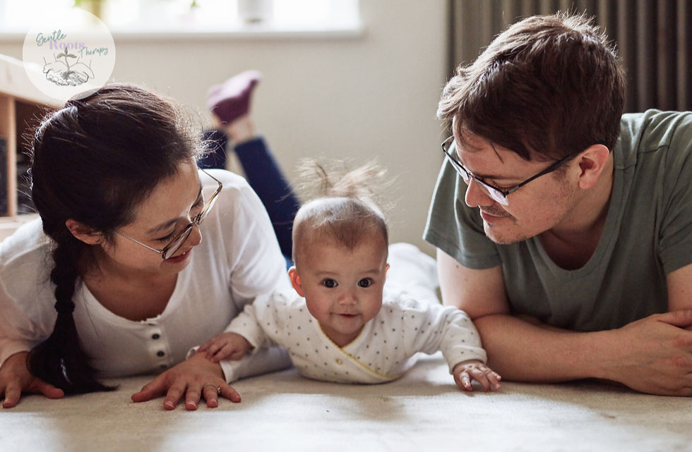 Baby and parents in tummy time position benefiting their health and wellness