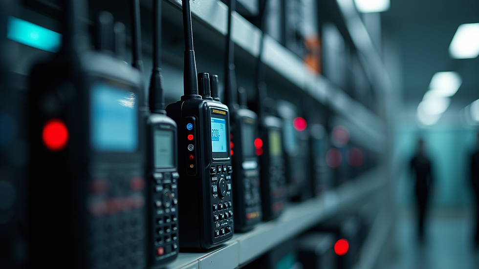 Close-up view of security equipment including radios and surveillance devices