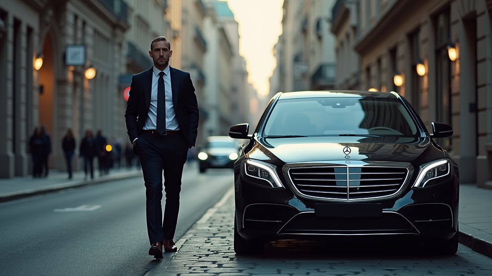 Eye-level view of a professional bodyguard standing discreetly beside a luxury car
