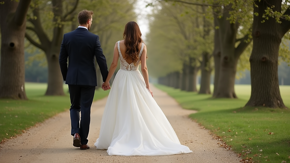 High angle view of bride and groom walking hand in hand outdoors