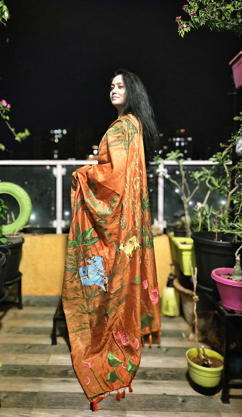 Thumbnail: Exclusive Pichwai art Silk saree /hand painted/hand embroidery 