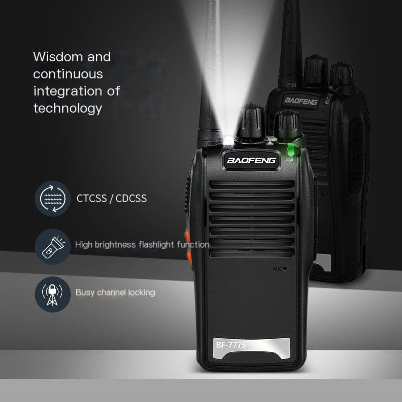 Black Baofeng walkie-talkie with built-in flashlight feature.