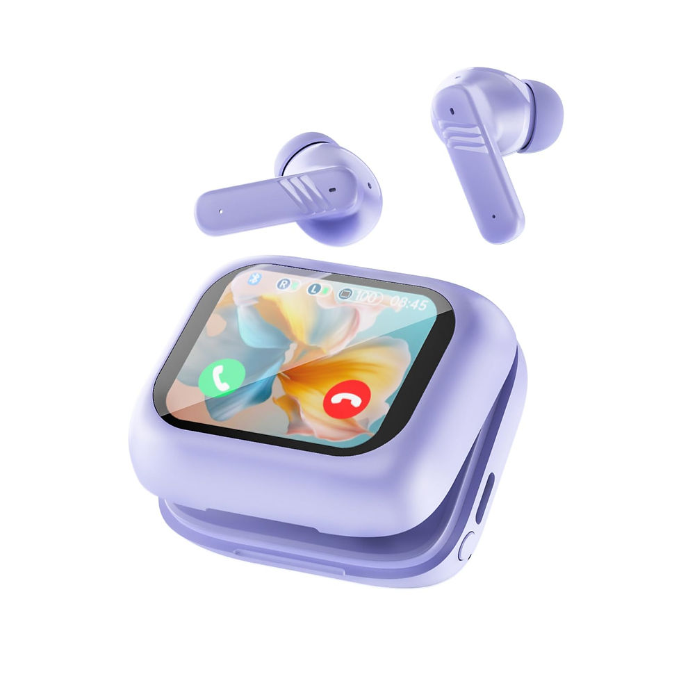 Purple wireless earbuds with a smart charging case display