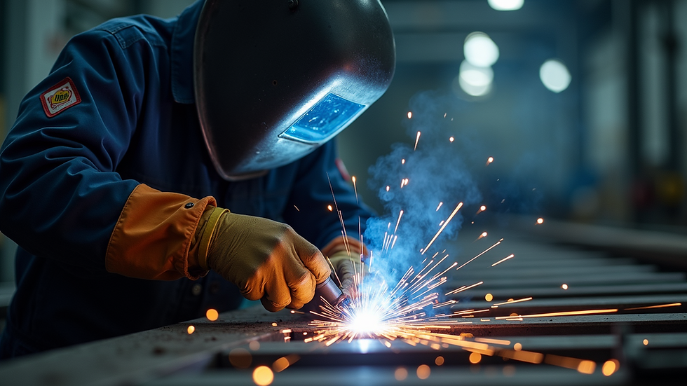 Eye-level view of a skilled welder working on a metal structure