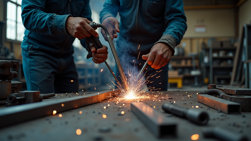 Eye-level view of welding workshop with metal parts and tools