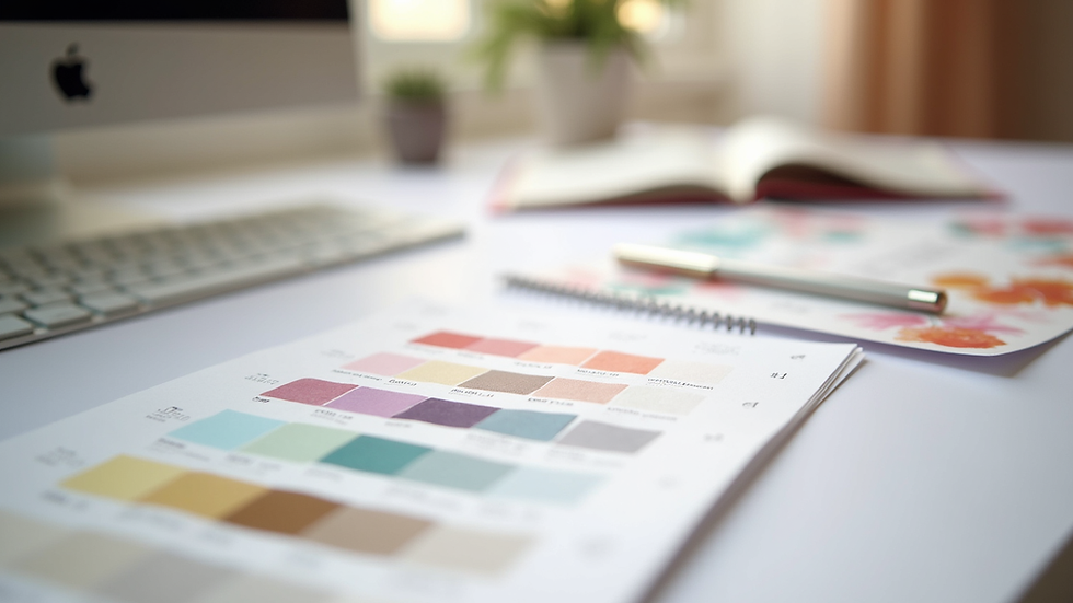 Eye-level view of a wedding planner’s desk with branding materials and color swatches