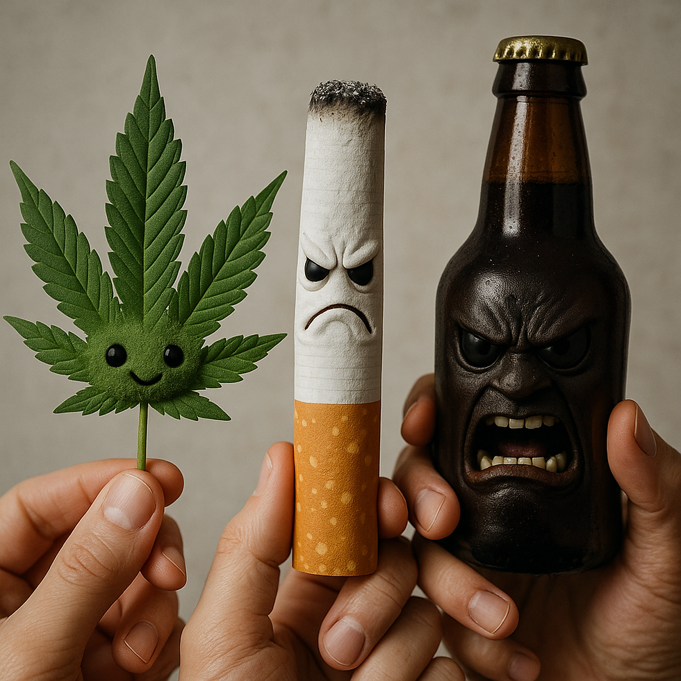 可愛い大麻と怖いタバコとアルコールのイラスト