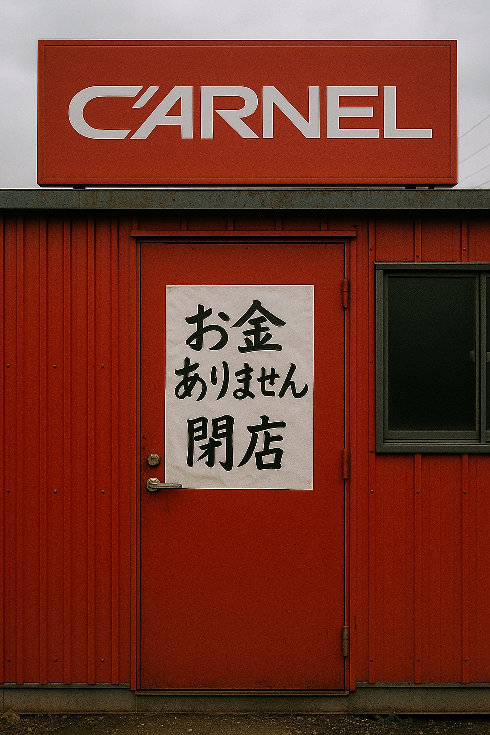 カーネルの事務所の張り紙「お金ありません、閉店」