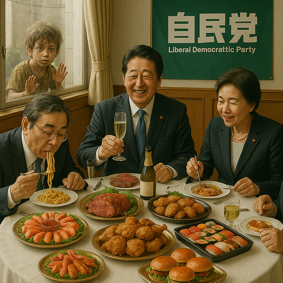 豪華な食事を食べる自民党と窓越しにそれを見るスラムの少年