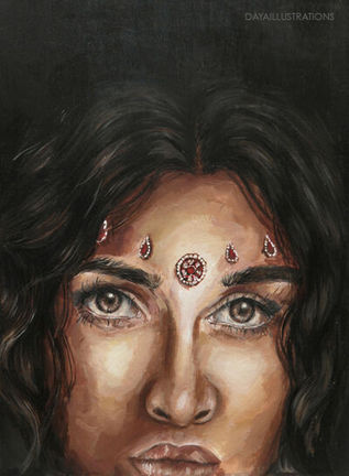 Indian woman wearing bindis painted in acrylic 