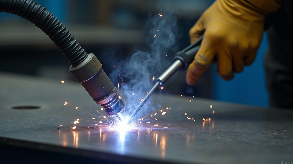 Close-up view of welding torch applying MIG welding on steel sheet