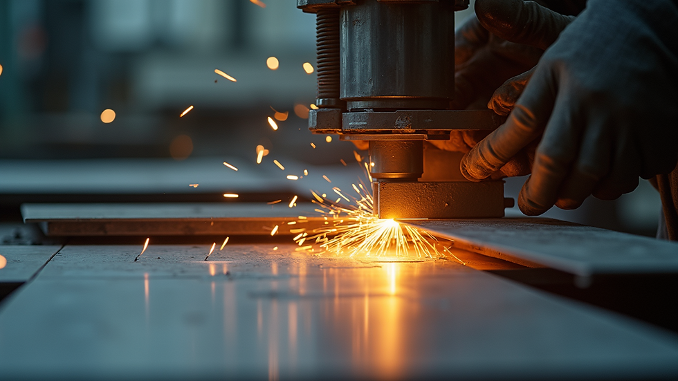 Close-up view of metal sheet bending process in fabrication