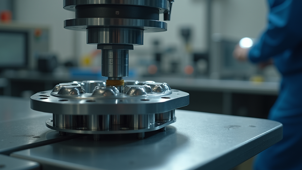 Close-up view of a precision metal component on a manufacturing bench