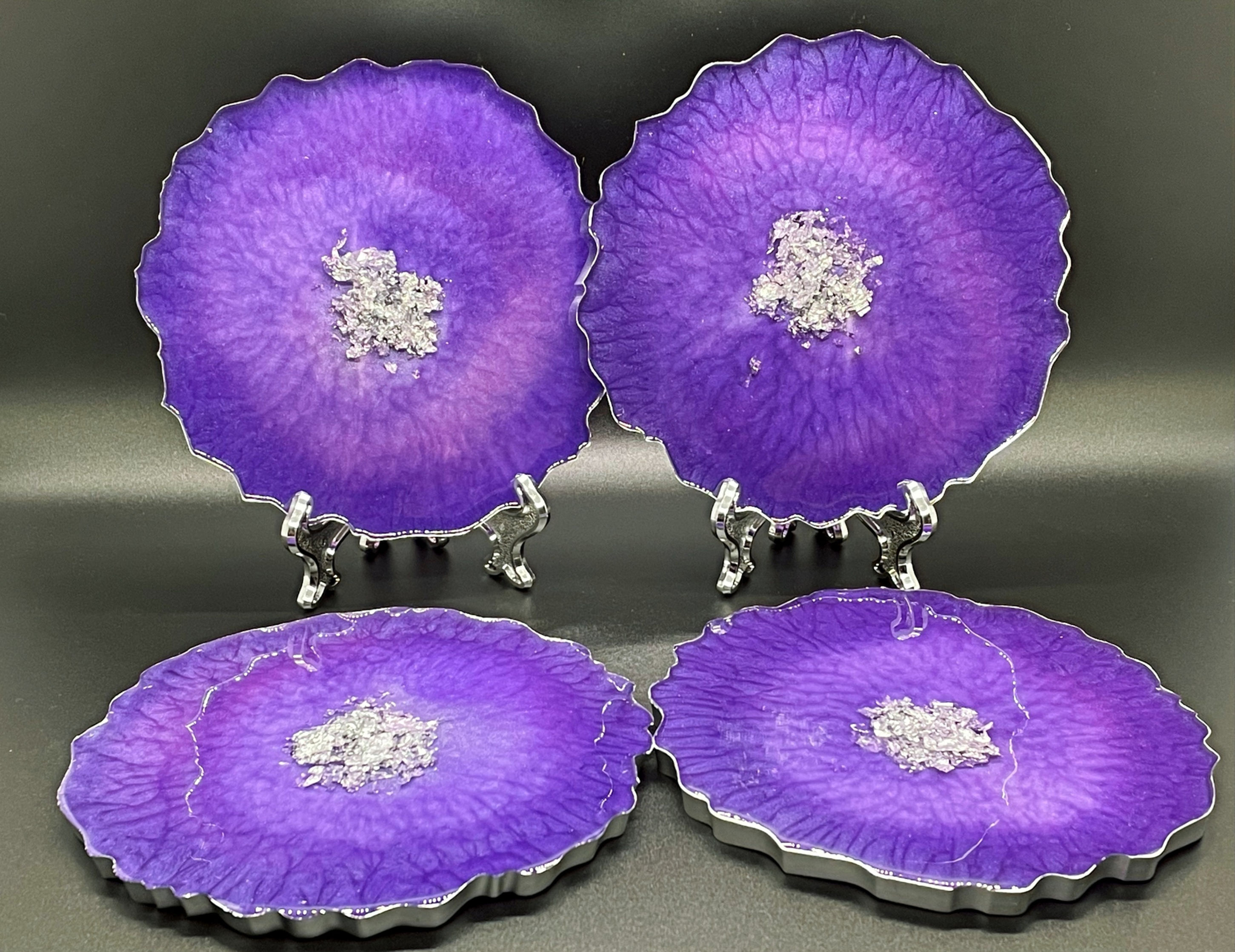 PURPLE/SILVER FLAKE GEODE CUSTOM RESIN COASTERS