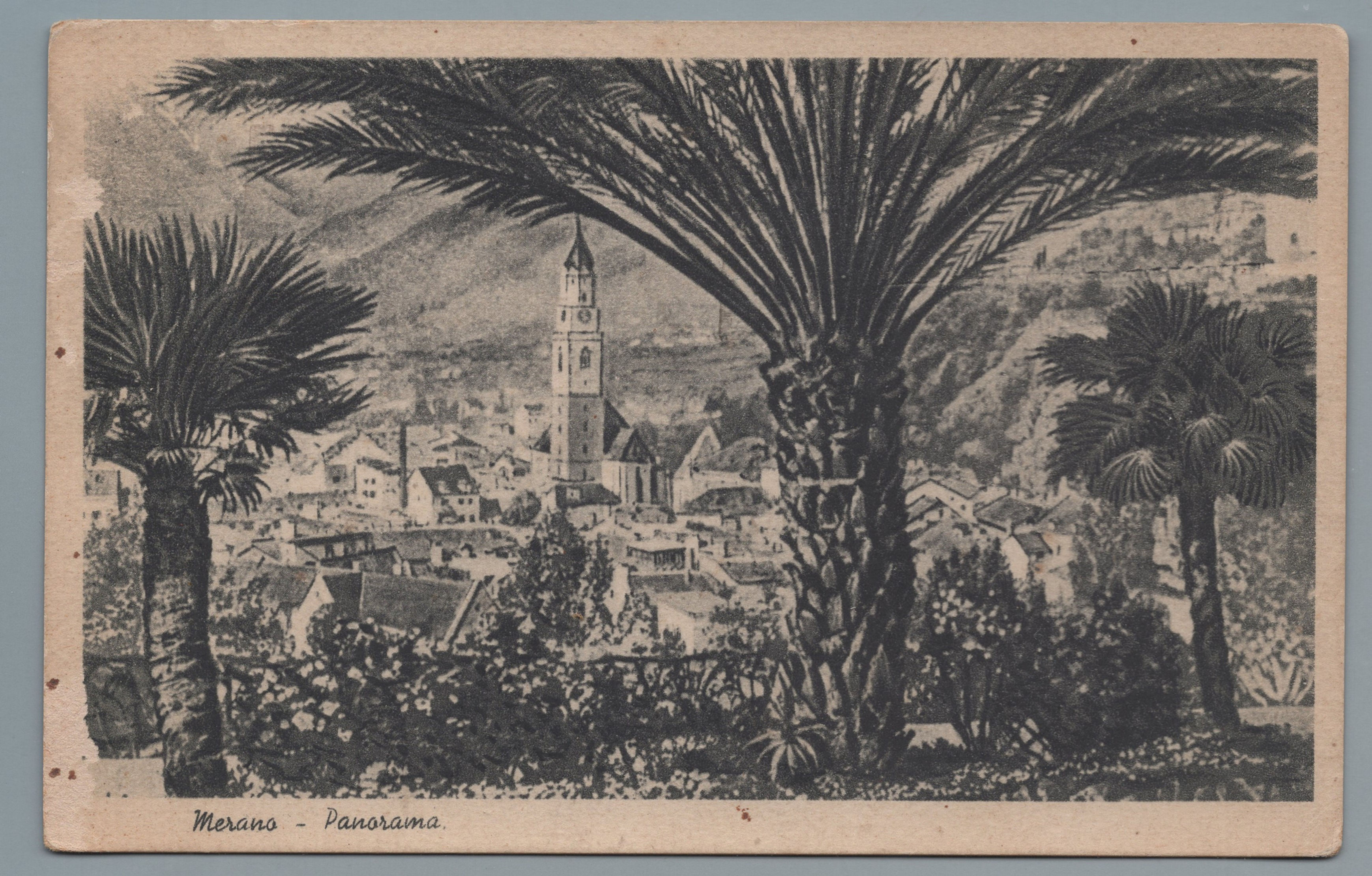 PA06SSTR Cart. Pittorica: Merano . Panorama . viagg. Senza franc.