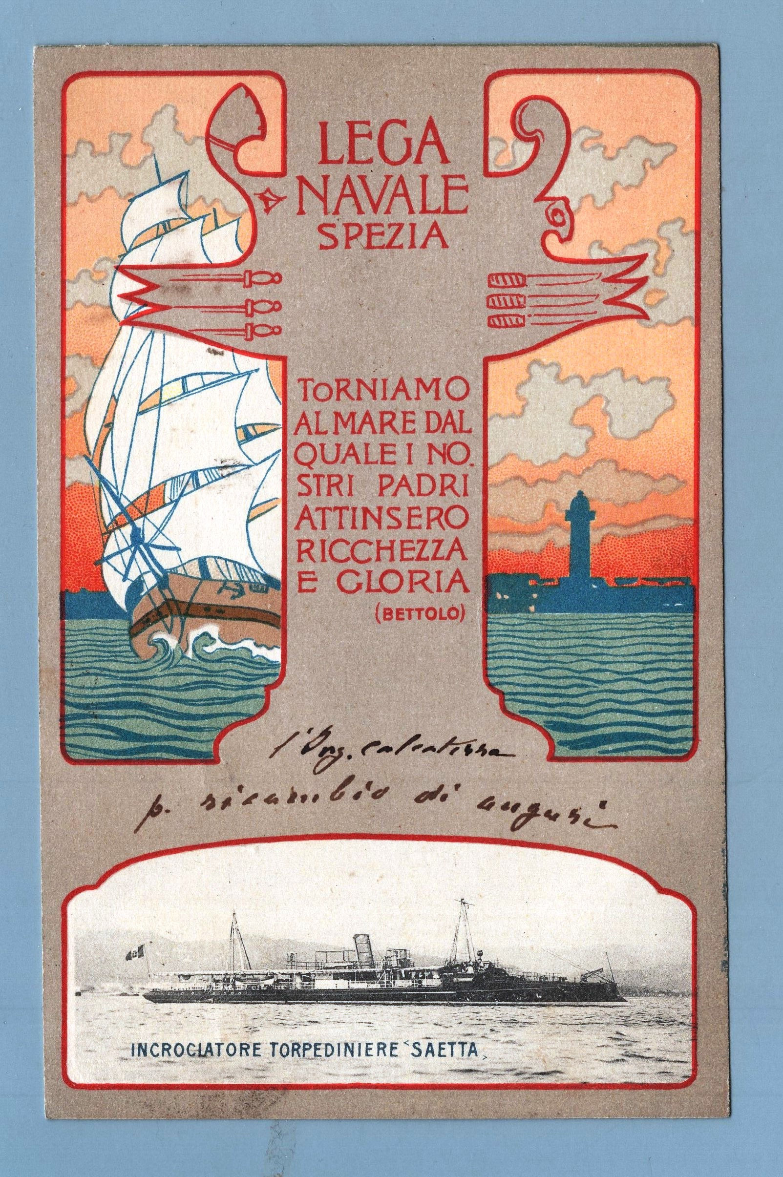 2A04ZZLNI Cart. Propaganda: Lega Navale Spezia . viagg. 1901 . incroc. Saetta