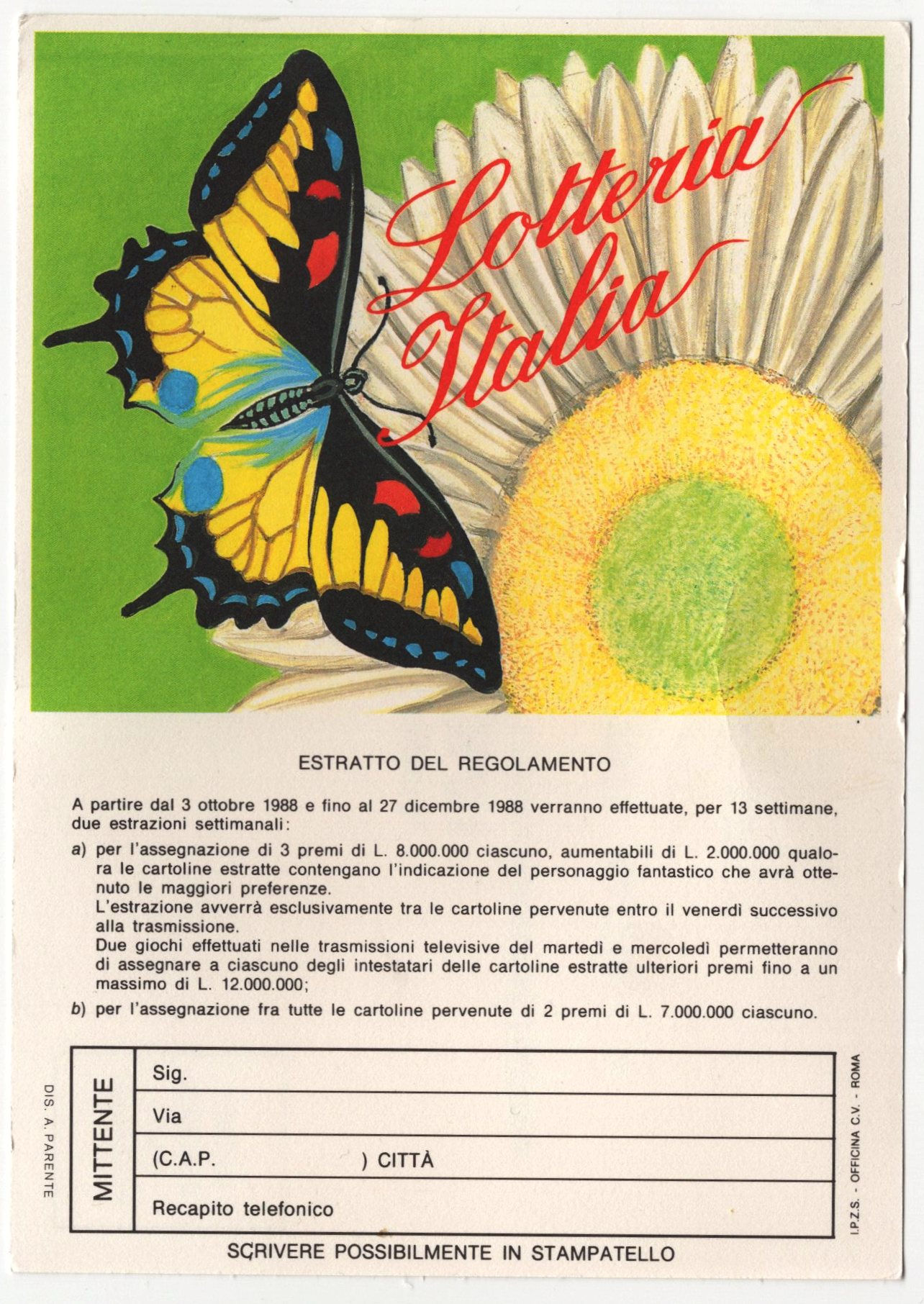 2421988ITL Cartoline lotterie: L.Italia . 1988 . Nuova