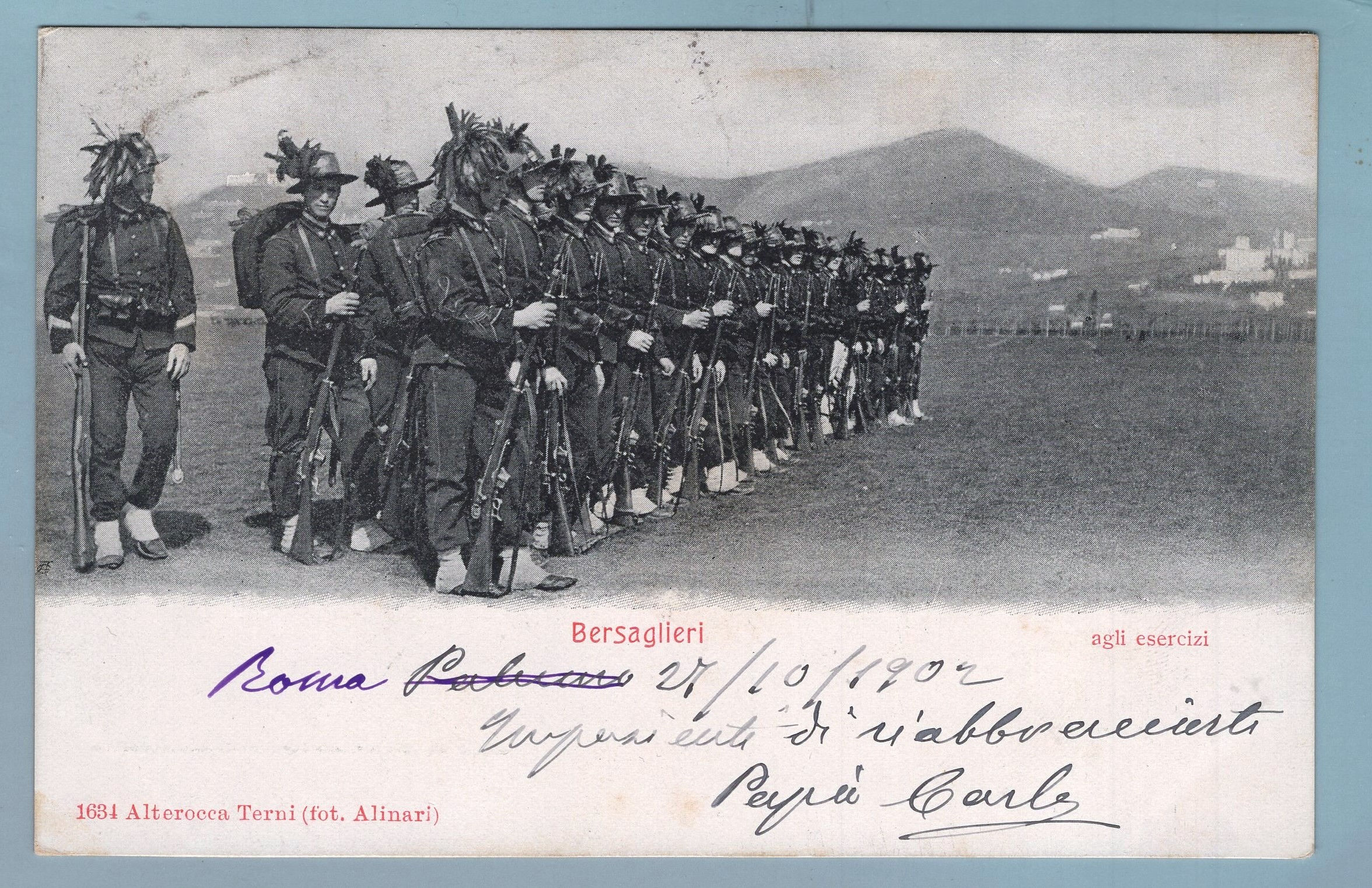 2D00. Cart. Reggim.:  Bersaglieri agli esercizi . viagg 1907