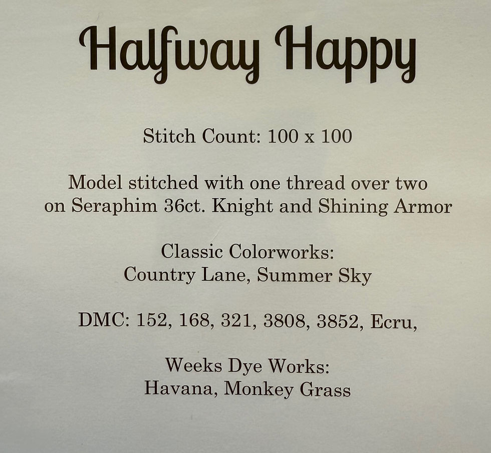 Thumbnail: Back view of Halfway Happy cross stitch pattern showing chart and packaging details.