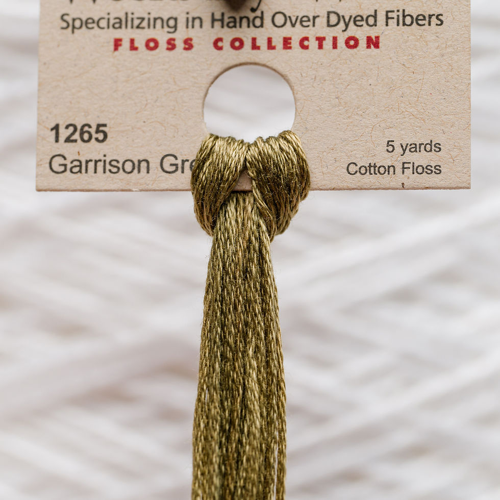 Thumbnail: Green cotton floss with text: 1265 Garrison Green, 5 yards, Cotton Floss