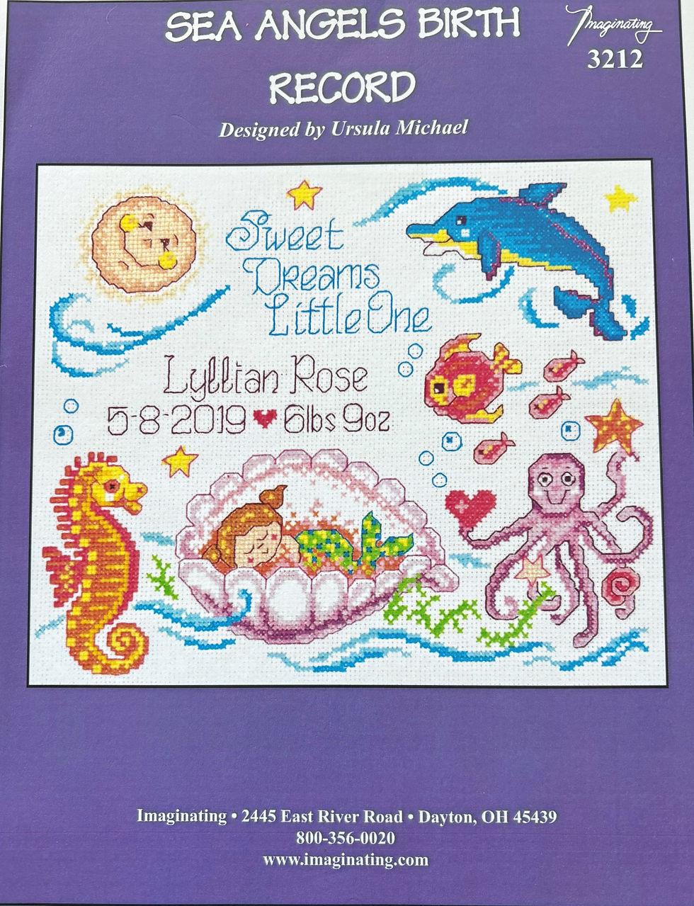Cross-stitch art: Sweet Dreams Little One image with sea creatures, Lillian Rose.