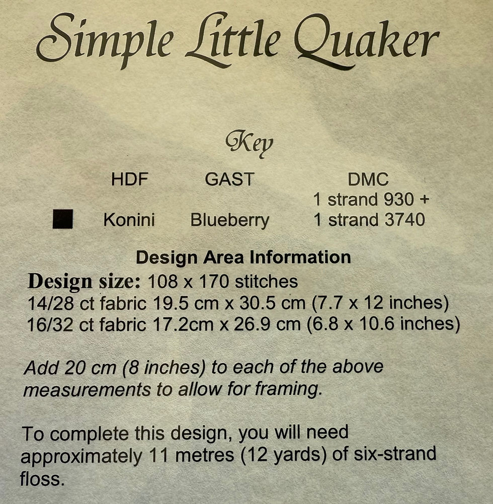 Thumbnail: Back view of Simple Little Quaker cross stitch pattern showing chart, color key, and packaging details.