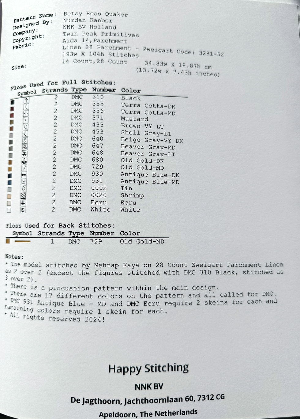 Thumbnail: Pattern information page listing stitch count, floss chart, fabric details, and notes for Betsy Ross Quaker.