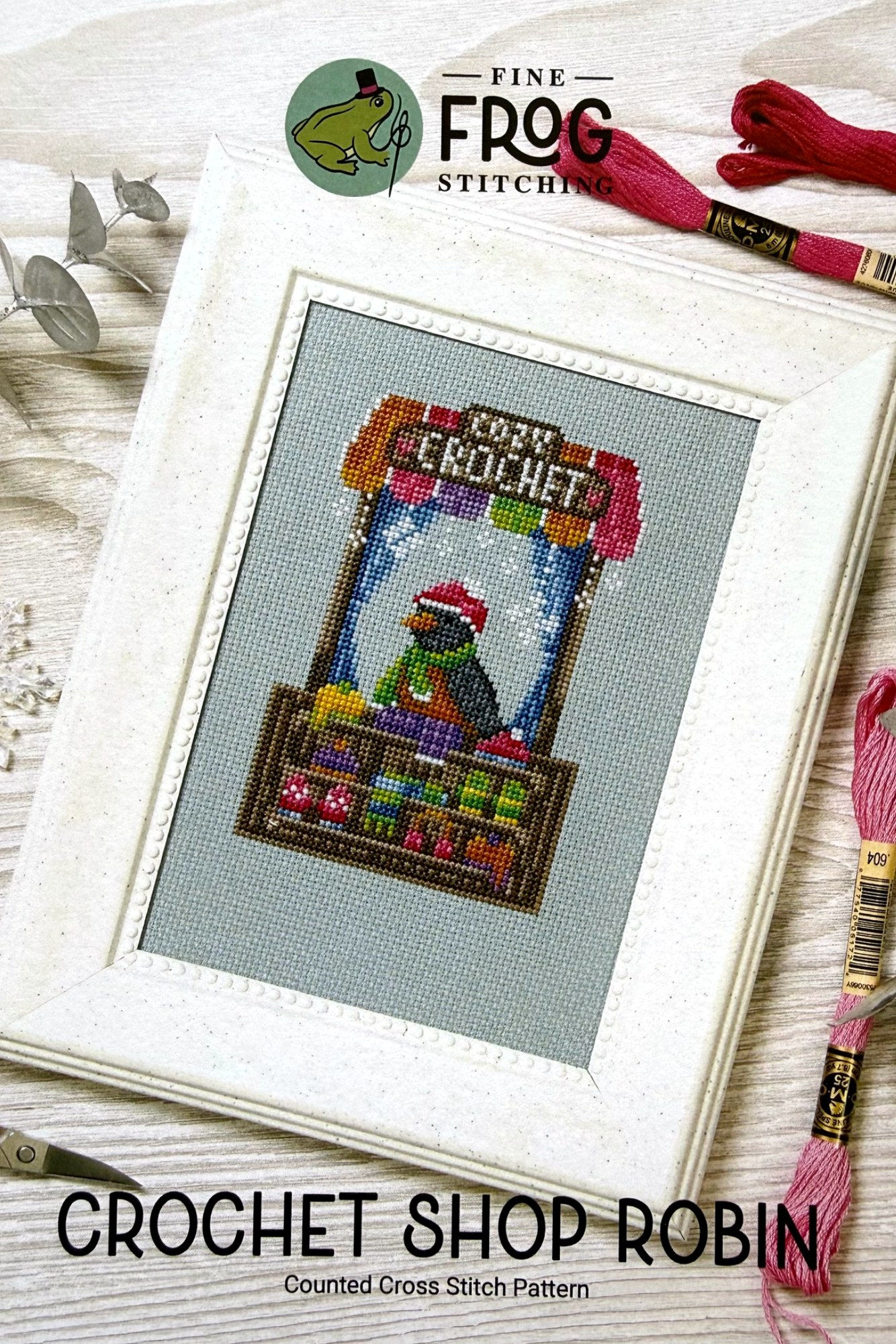Crochet Shop Robin cross stitch pattern cover by Fine Frog Stitching
