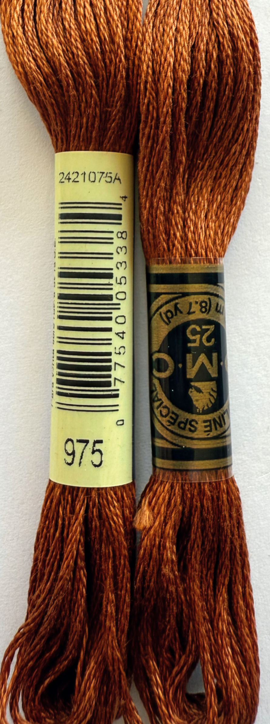 DMC Special 25 Floss color 975 with barcode and label information. Bloomfield Craft